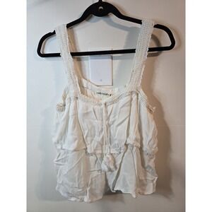 Women's XL White Crochet Ruffle Tassle Tank Sleeveless Boho Cottagecore Festival
